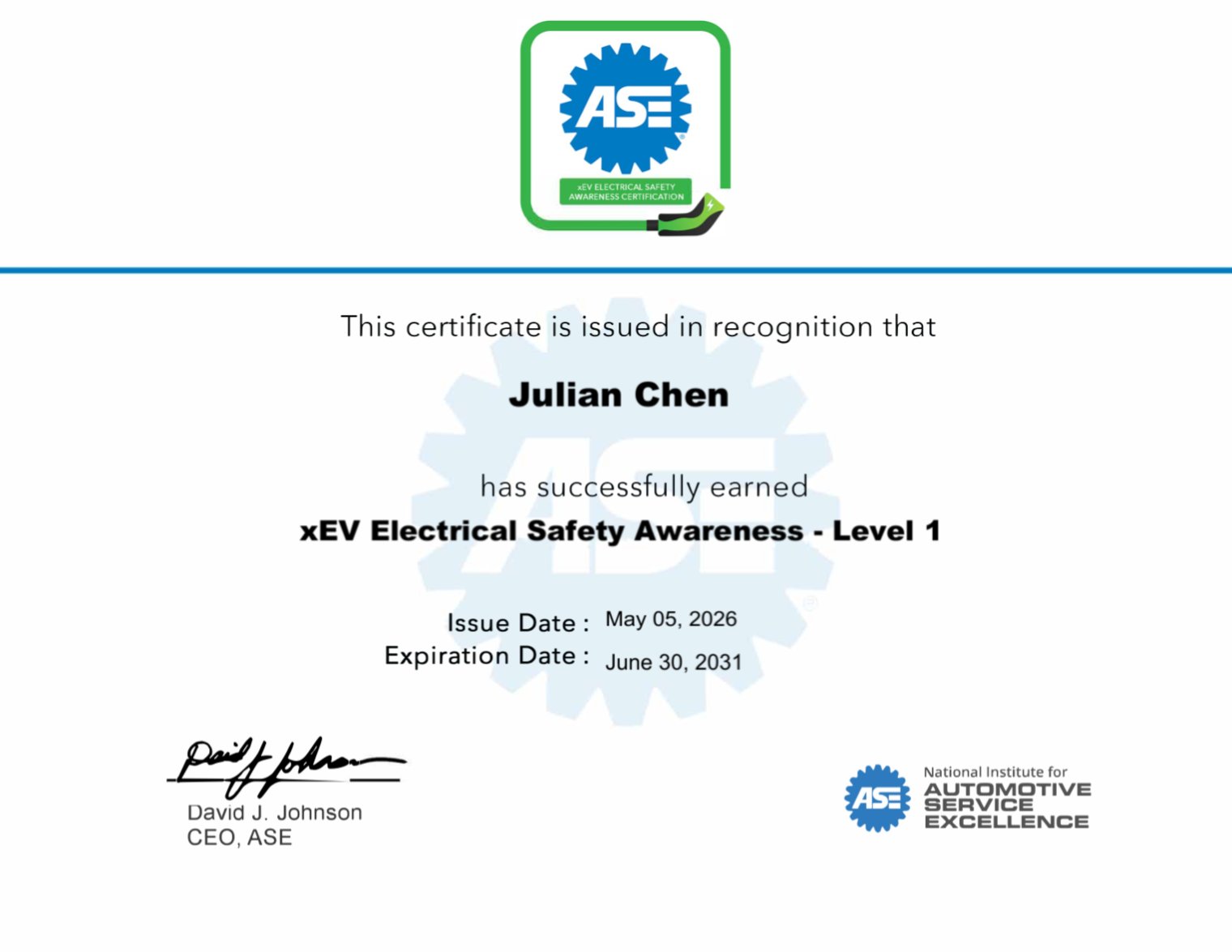 ASE xEV Electrical Safety (Level 1) Certification