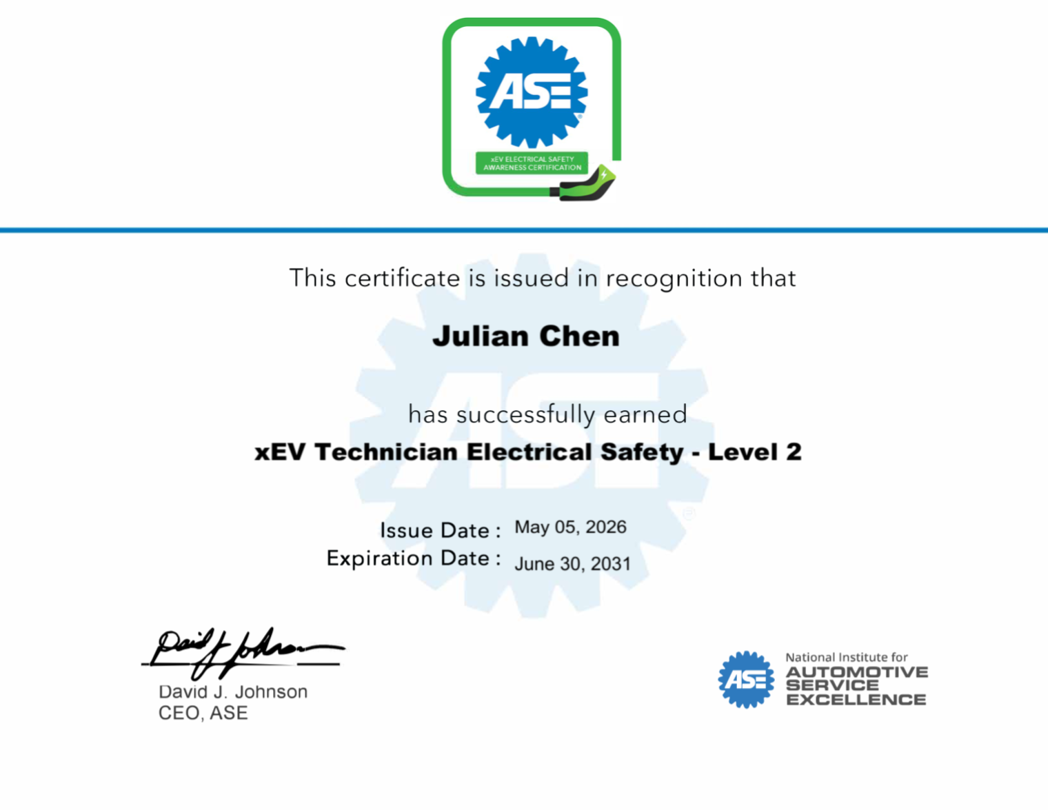 ASE xEV Technician (Level 2) Certification