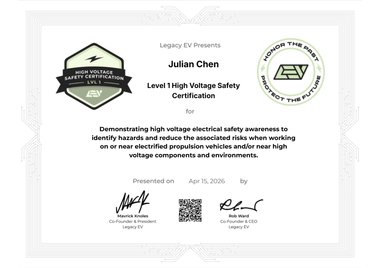 Level 1 High Voltage Safety Certification
